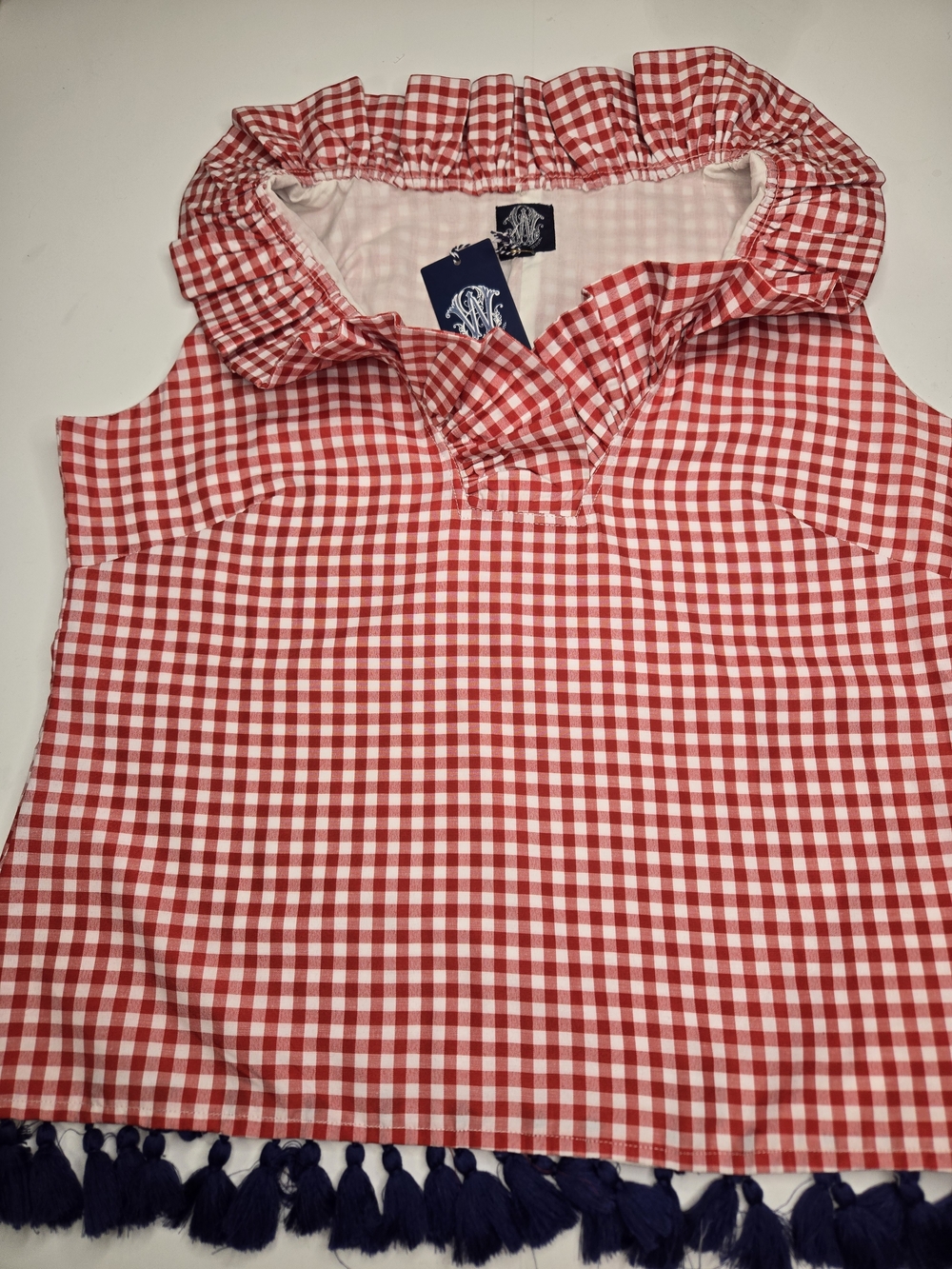 Elizabeth Wilson Designs Red & White Gingham Ruffle Tassel Top